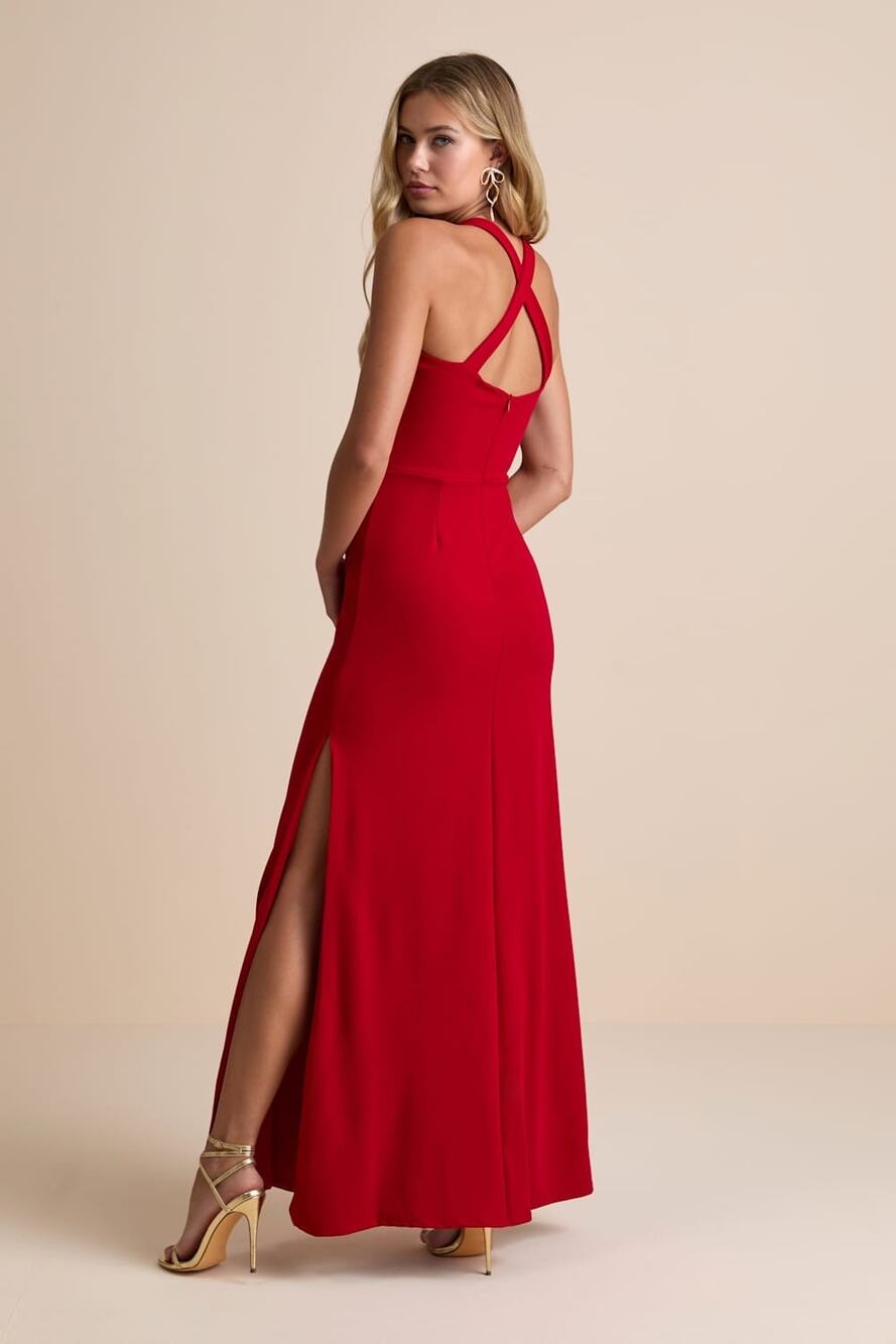 NWT Lulus Perfectly Demure Red Backless Column Maxi Dress Holiday Wedding Size S